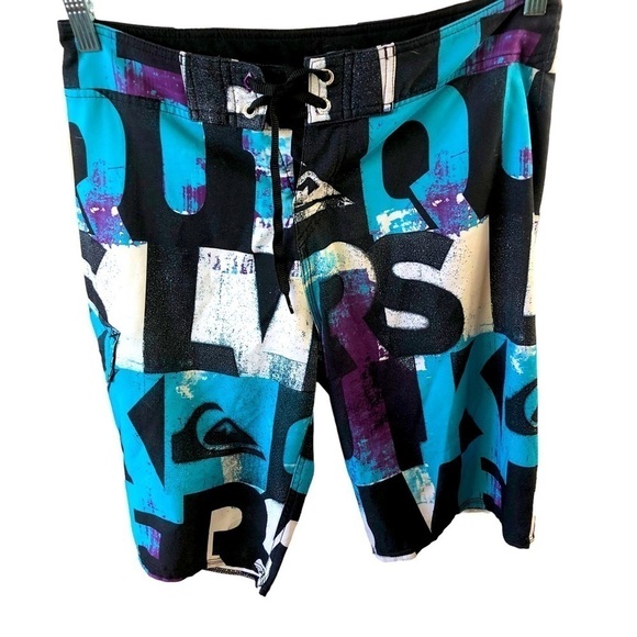 Quicksilver Board Shorts Men 34 Blue Black Purple Graffiti Design Lace Tie Front - Picture 1 of 8